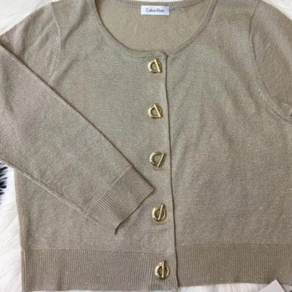 Calvin Klein Gold Metallic Toggle Buttons Cropped Cardigan sleeve 3/4 size M - Picture 4 of 5